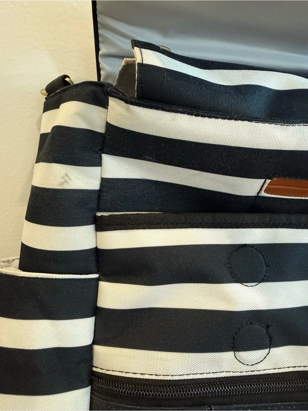 JJ Cole Black & White Striped Diaper Bag with Brown Trim
